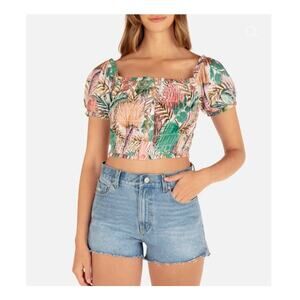 NWT Hurley XL Palmetto Sunset Crop Top, Tropical Print, Puff Sleeves Elastic Hem